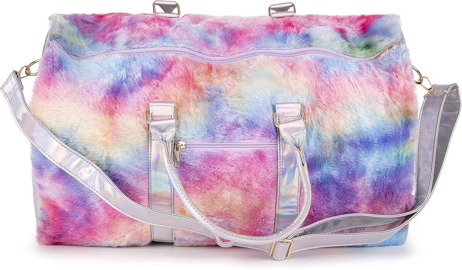 imageOlivia Miller Girls Duffel Bag Faux Fur ampamp Fabric Overnight Cute Silver Pink Tie Dye Multicolor Butterfly Shoulder Duffle Bag for Kids Travel CarryOn Weekender Getaway Weekend Tote for Teens Gym Teenage Sport Gift