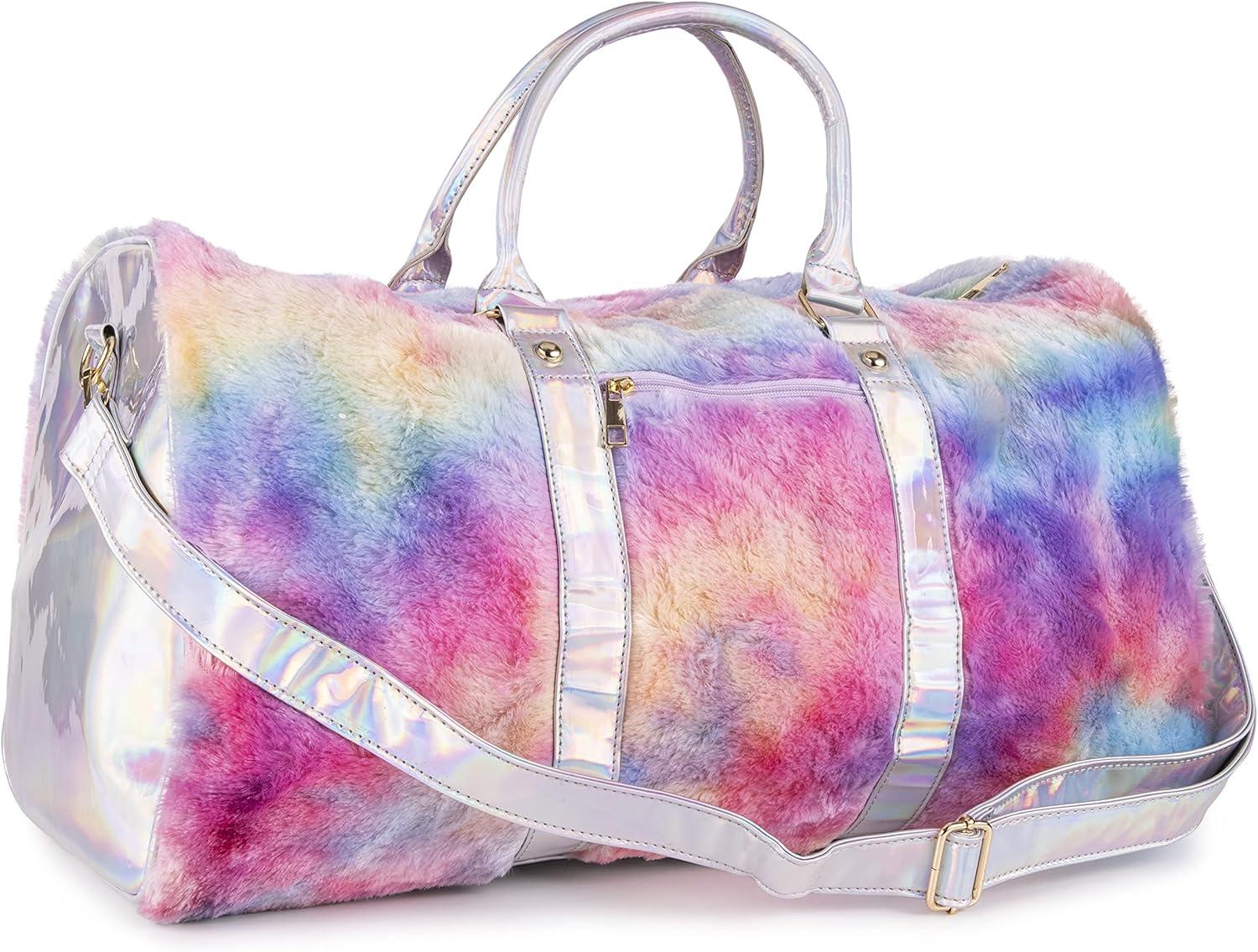imageOlivia Miller Girls Duffel Bag Faux Fur ampamp Fabric Overnight Cute Silver Pink Tie Dye Multicolor Butterfly Shoulder Duffle Bag for Kids Travel CarryOn Weekender Getaway Weekend Tote for Teens Gym Teenage Sport Gift