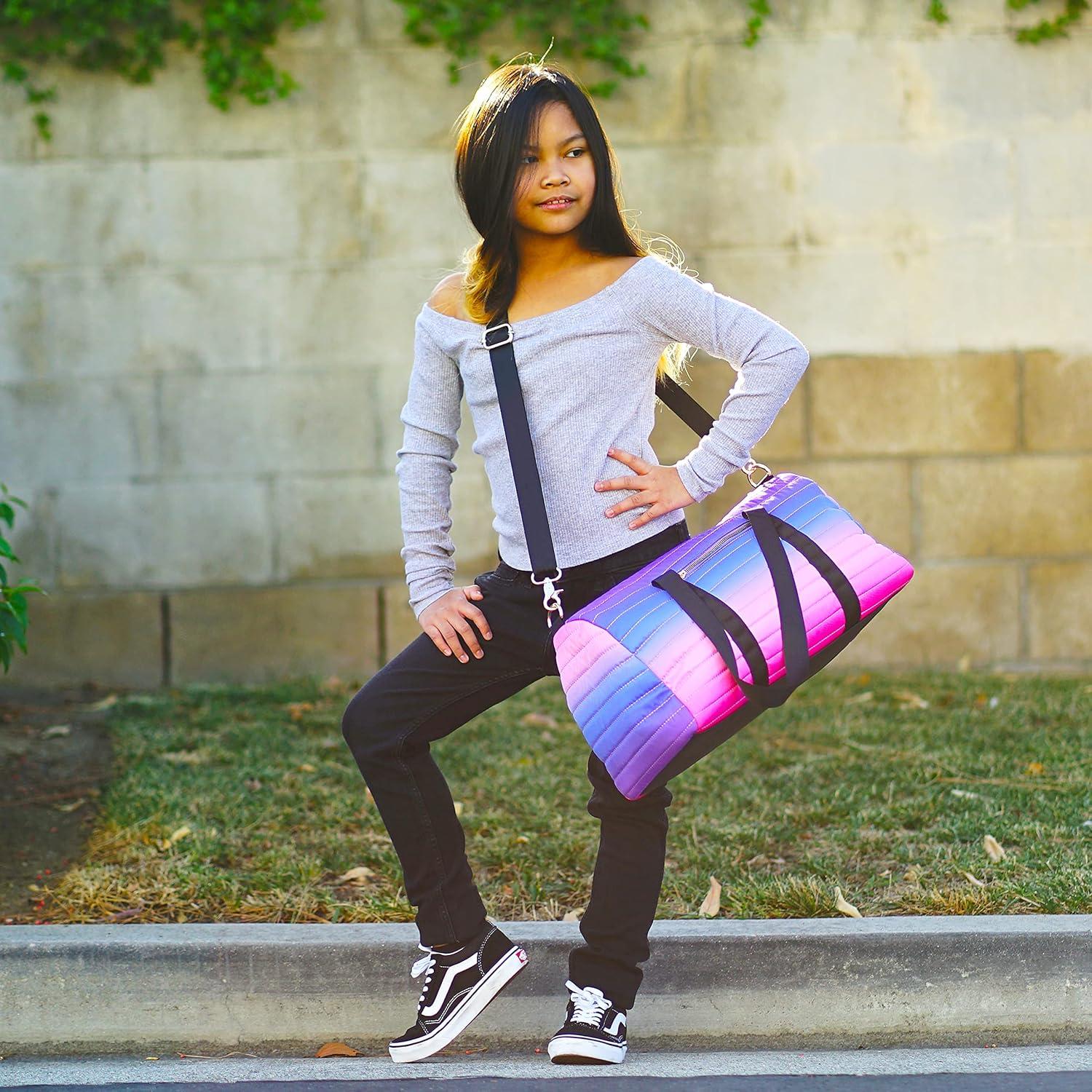imageOlivia Miller Girls Duffel Bag Ombre Pink Purple Multicolor Quilted Overnight Cute Mini Small Shoulder Bag For Kids Travel CarryOn Weekender Weekend Bags for Little Girls Teens Gym Sports Gift