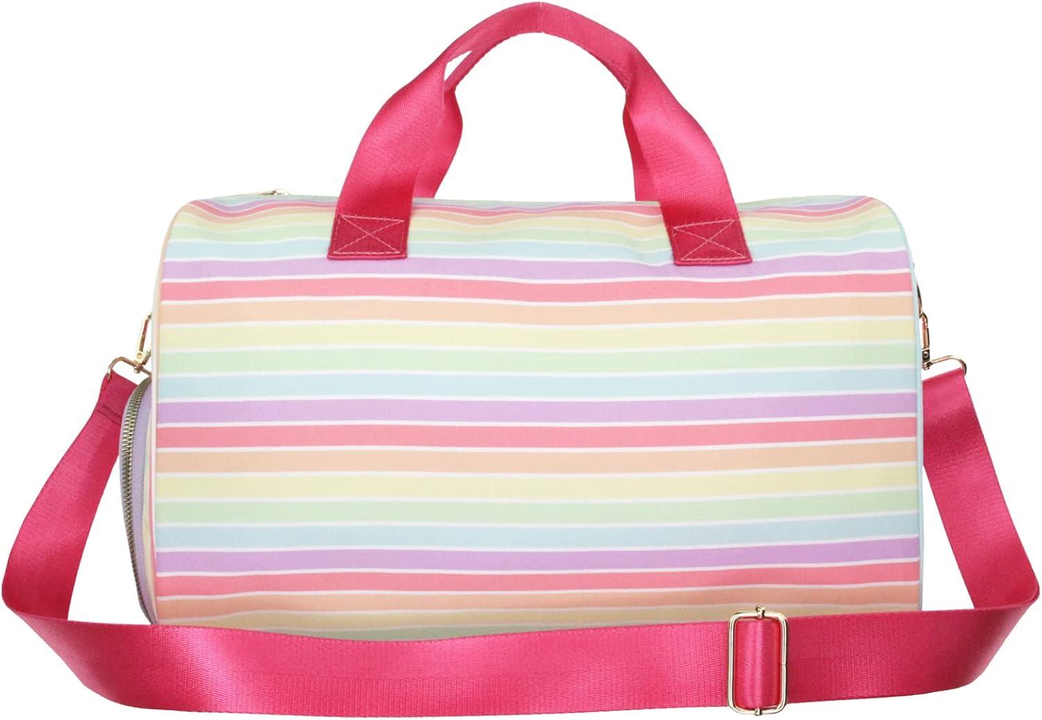 imageOlivia Miller Girls Duffel Bag Overnight Cute Pink Rainbow Multicolor Stripe Mini Shoulder Bag for Kids Travel CarryOn Weekender Overnight Weekend Bag for Little Girls Teens Gym Teenage Sport Gift