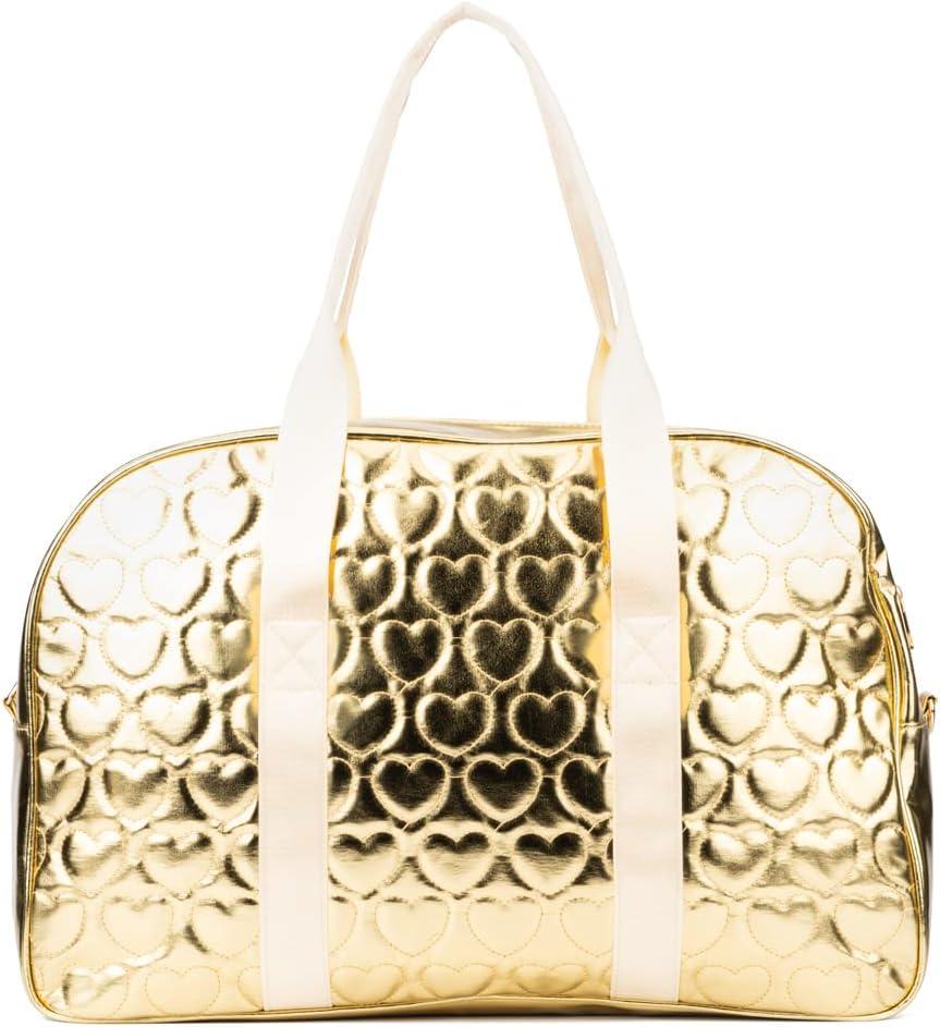 imageOlivia Miller Womens Duffel Bag Brianna Quilted Heart Gold Overnight Cute Shoulder Duffle Bag for Ladies Travel CarryOn Weekender Getaway Weekend Duffle Tote Bag for Woman Teens Gym Teenage Sport Gift