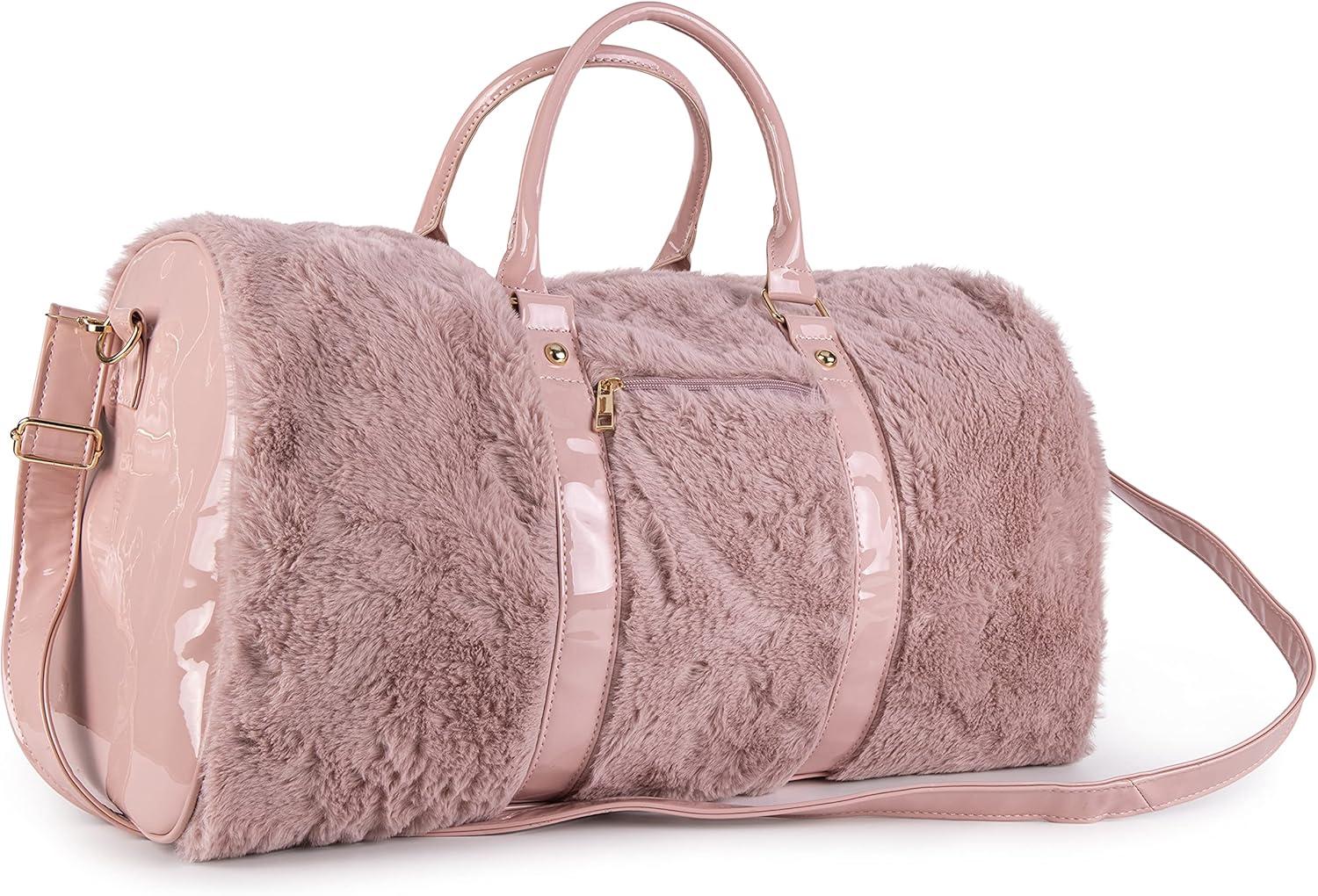 imageOlivia Miller Womens Duffel Bag Faux Fur ampamp Fabric Overnight Cute Blush Pink Shoulder Duffle Bag for Ladies Travel CarryOn Weekender Getaway Weekend Tote for Woman Teens Gym Teenage Sport Gift