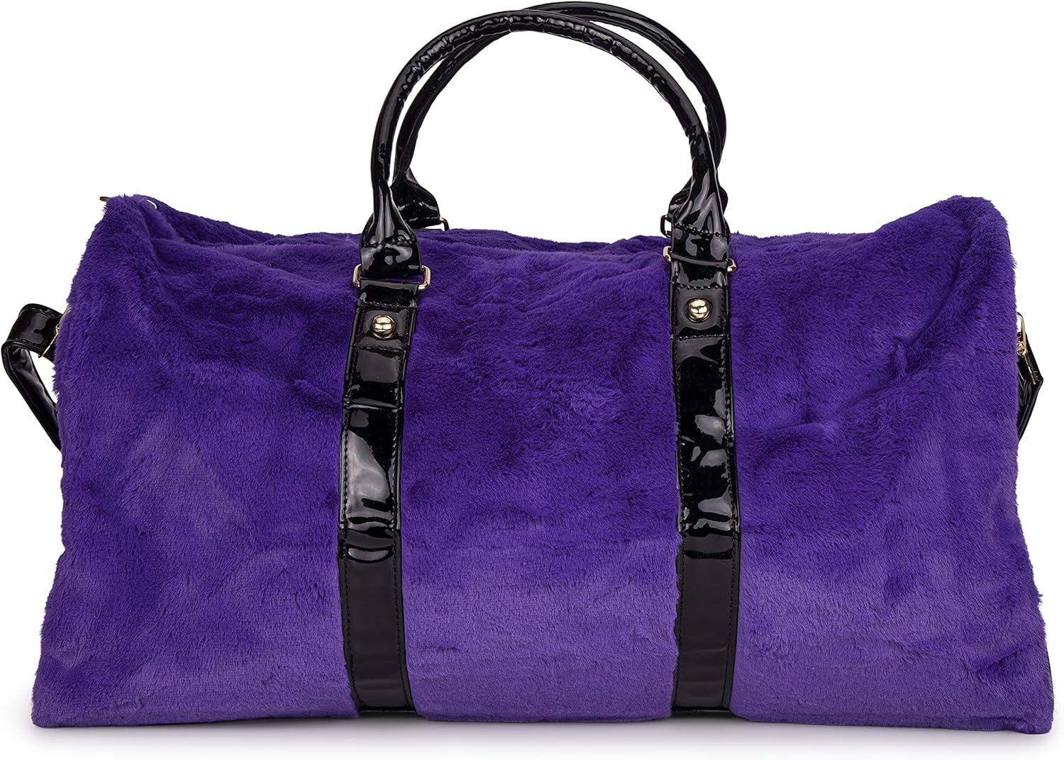 imageOlivia Miller Womens Duffel Bag Faux Fur ampamp Fabric Overnight Cute Royal Purple Shoulder Duffle Bag for Ladies Travel CarryOn Weekender Getaway Weekend Tote for Woman Teens Gym Teenage Sport Gift