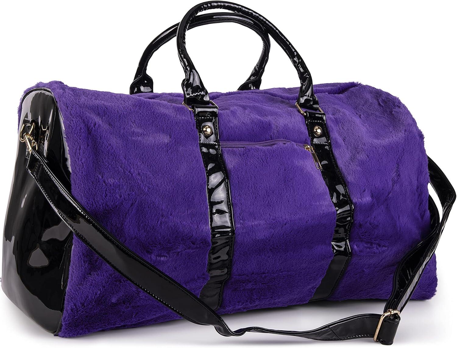 imageOlivia Miller Womens Duffel Bag Faux Fur ampamp Fabric Overnight Cute Royal Purple Shoulder Duffle Bag for Ladies Travel CarryOn Weekender Getaway Weekend Tote for Woman Teens Gym Teenage Sport Gift