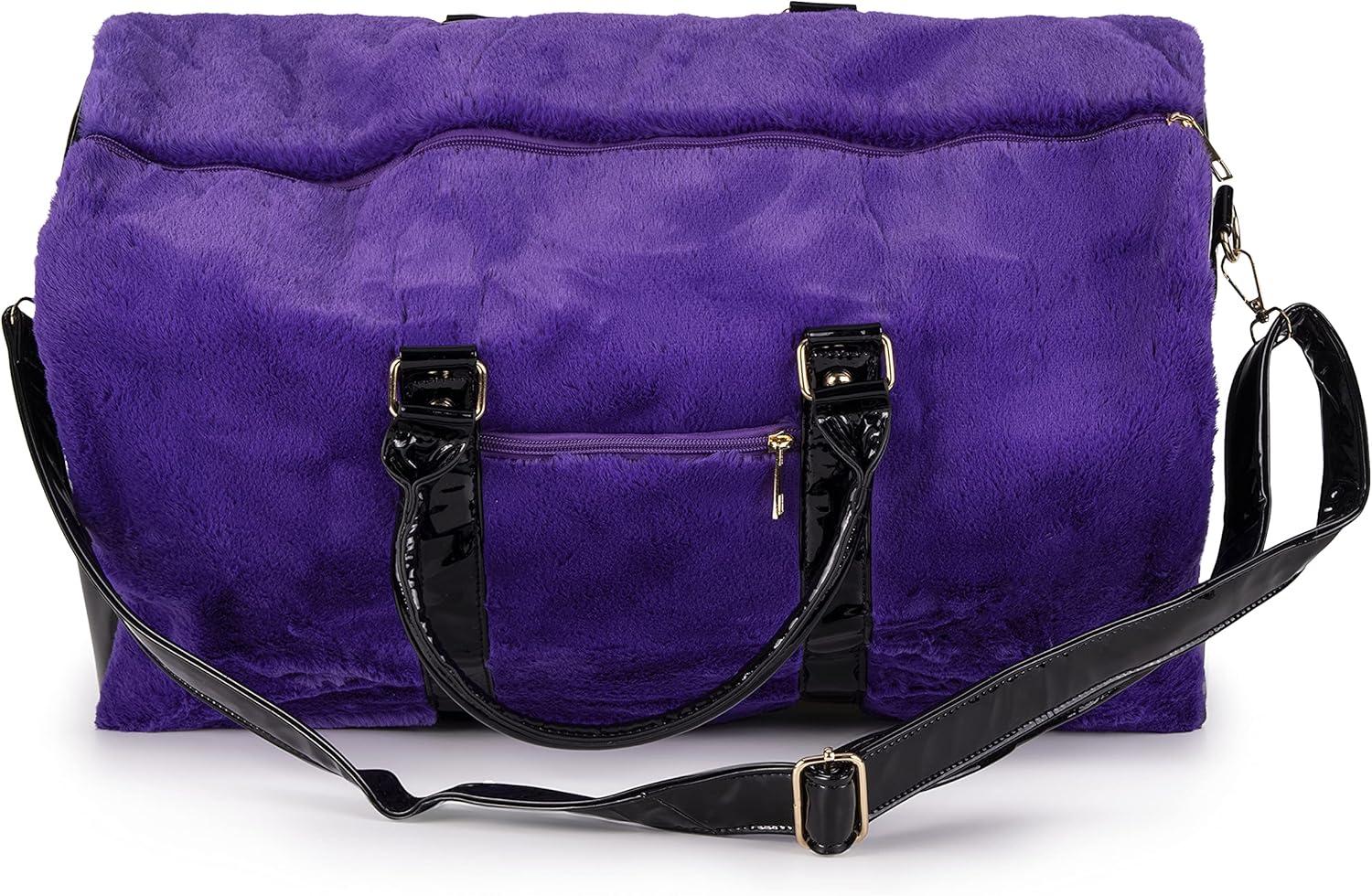 imageOlivia Miller Womens Duffel Bag Faux Fur ampamp Fabric Overnight Cute Royal Purple Shoulder Duffle Bag for Ladies Travel CarryOn Weekender Getaway Weekend Tote for Woman Teens Gym Teenage Sport Gift