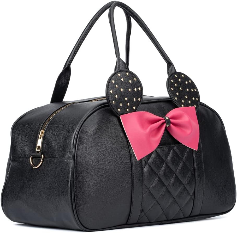 imageOlivia Miller Womens Duffel Bag Kuma Black Hot Pink Bow w Faux PU Leather Mouse Ears Shoulder Duffle Bag for Ladies Travel CarryOn Weekender Getaway Weekend Tote for Woman Teens Gym Teenage Sport Gift