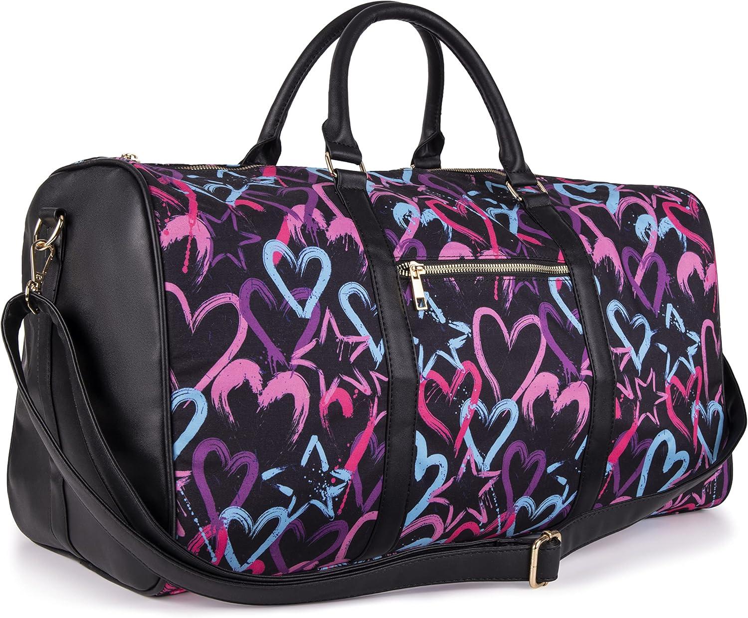 imageOlivia Miller Womens Duffel Bag PU Faux Leather ampamp Fabric Overnight Cute Black Hearts Shoulder Duffle Bag for Ladies Travel CarryOn Weekender Getaway Weekend Tote Woman Gym Sport Gift