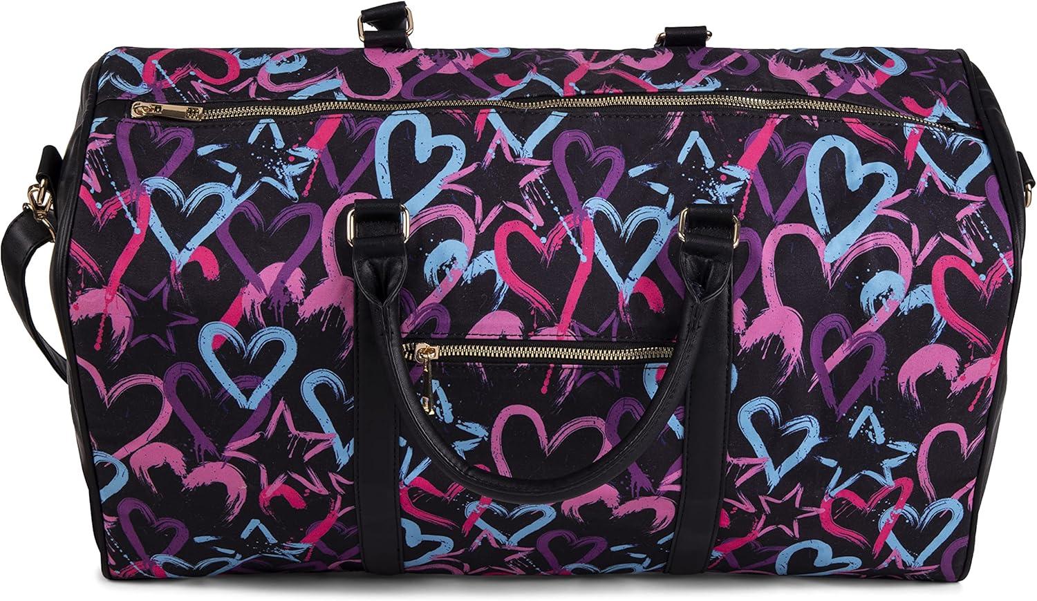 imageOlivia Miller Womens Duffel Bag PU Faux Leather ampamp Fabric Overnight Cute Black Hearts Shoulder Duffle Bag for Ladies Travel CarryOn Weekender Getaway Weekend Tote Woman Gym Sport Gift