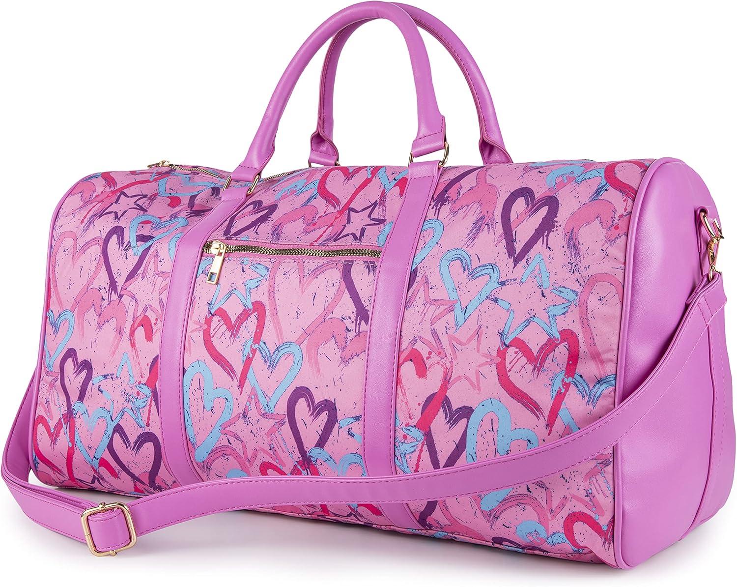 imageOlivia Miller Womens Duffel Bag PU Faux Leather ampamp Fabric Overnight Cute Pink Hearts Shoulder Duffle Bag for Ladies Travel CarryOn Weekender Getaway Weekend Tote Woman Gym Sport Gift