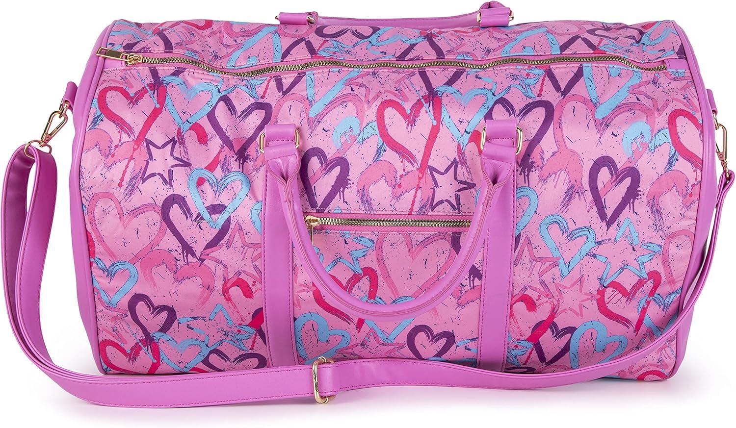 imageOlivia Miller Womens Duffel Bag PU Faux Leather ampamp Fabric Overnight Cute Pink Hearts Shoulder Duffle Bag for Ladies Travel CarryOn Weekender Getaway Weekend Tote Woman Gym Sport Gift