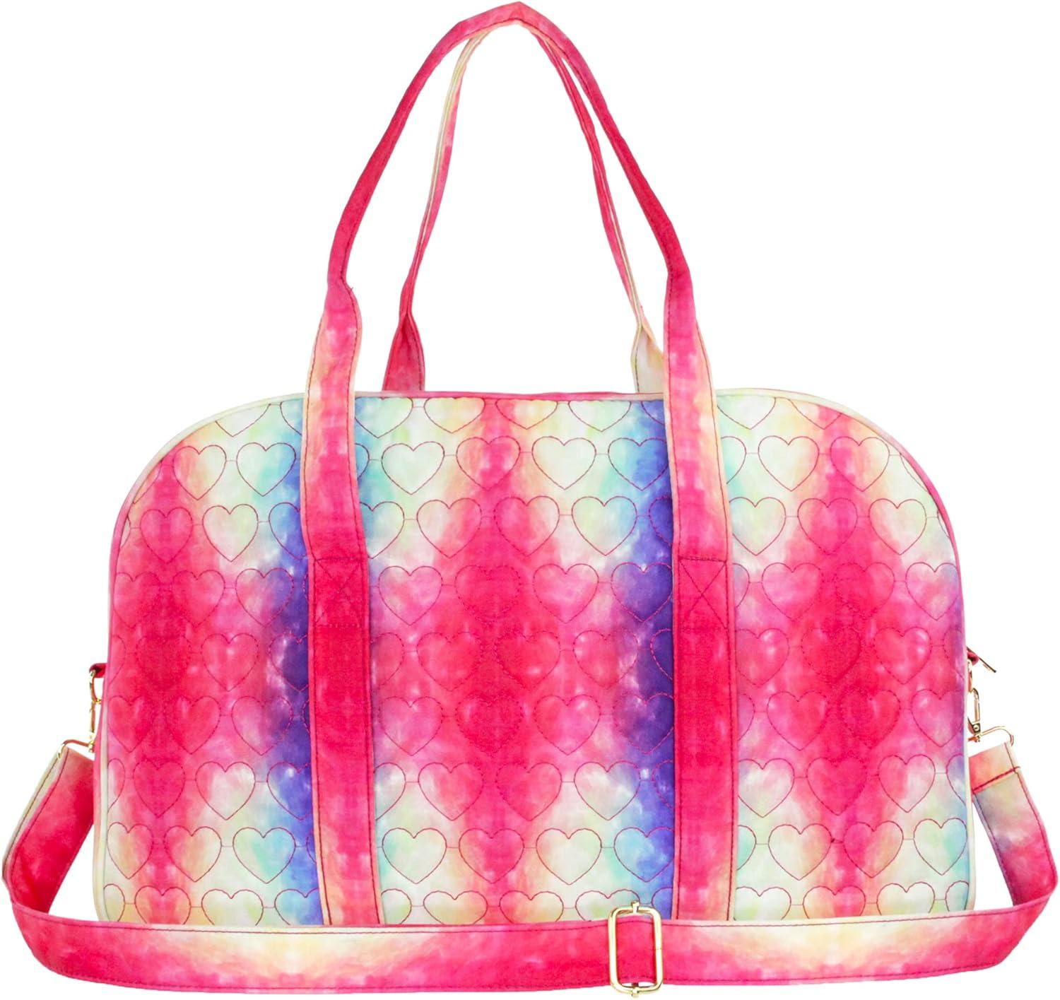 imageOlivia Miller Womens Duffel Bag Quilted Heart Rainbow Tie Dye Overnight Cute Shoulder Duffle Bag for Ladies Travel CarryOn Weekender Getaway Weekend Tote for Woman Teens Gym Teenage Sport Gift