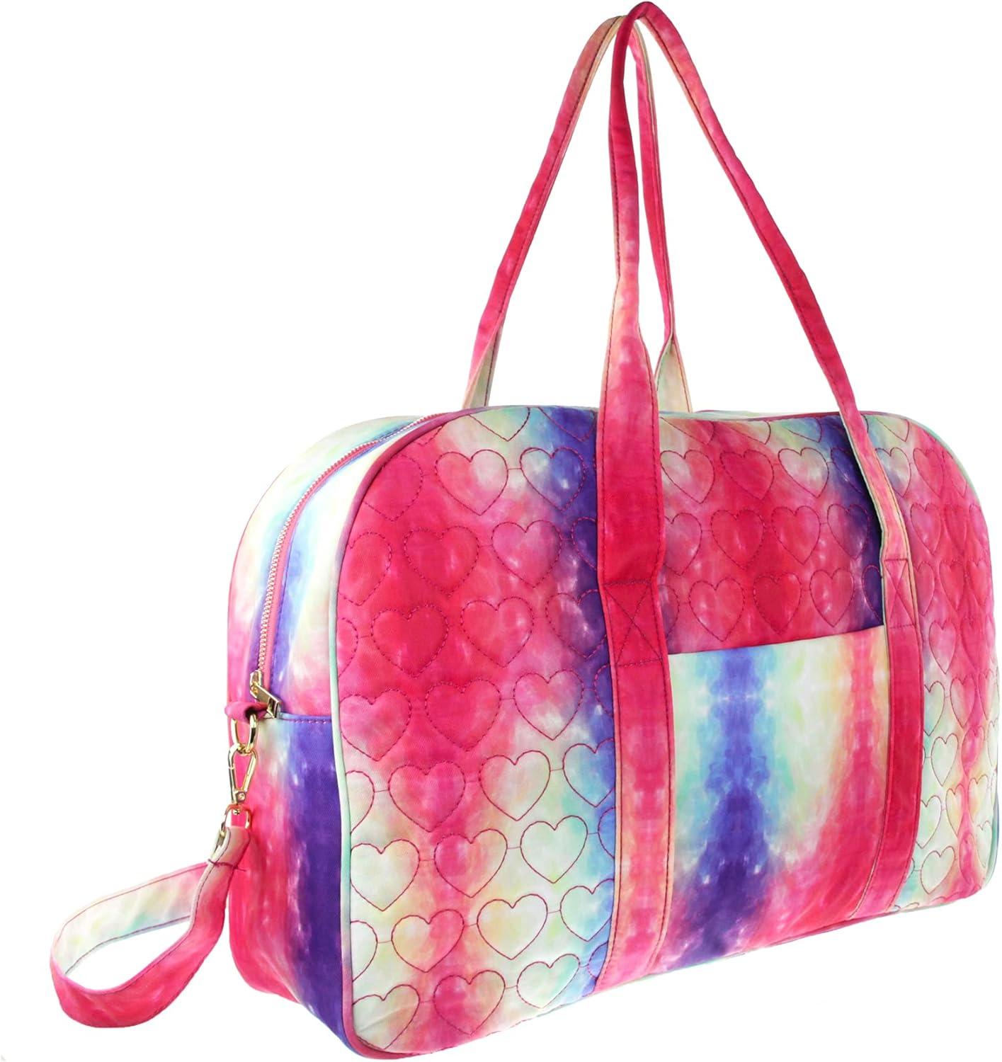 imageOlivia Miller Womens Duffel Bag Quilted Heart Rainbow Tie Dye Overnight Cute Shoulder Duffle Bag for Ladies Travel CarryOn Weekender Getaway Weekend Tote for Woman Teens Gym Teenage Sport Gift