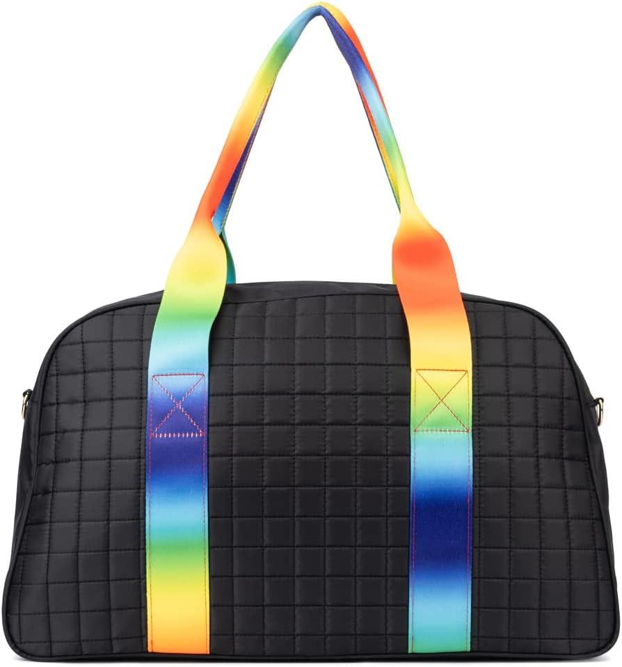 imageOlivia Miller Womens Duffel Bag Raisa Overnight Puffer Black w Rainbow Strap Shoulder Duffle Bag for Ladies Travel CarryOn Weekender Getaway Weekend Tote for Woman Teens Gym Teenage Sport Gift
