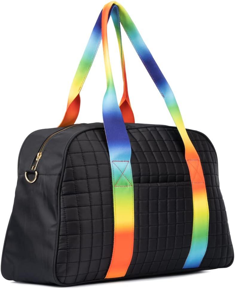 imageOlivia Miller Womens Duffel Bag Raisa Overnight Puffer Black w Rainbow Strap Shoulder Duffle Bag for Ladies Travel CarryOn Weekender Getaway Weekend Tote for Woman Teens Gym Teenage Sport Gift