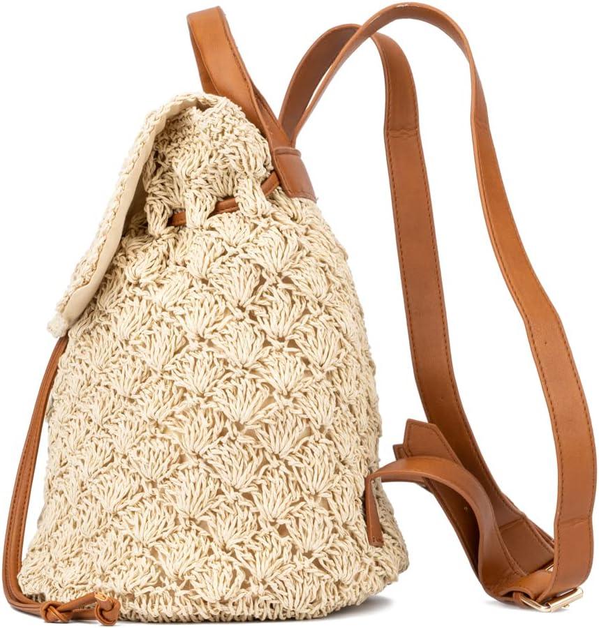 imageOlivia Miller Womens Fashion Corinne Natural Beige Crochet Woven Small Backpack Casual Shoulder Bag Ladies Daypack Travel