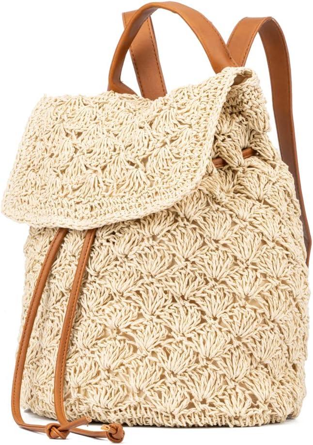 imageOlivia Miller Womens Fashion Corinne Natural Beige Crochet Woven Small Backpack Casual Shoulder Bag Ladies Daypack Travel