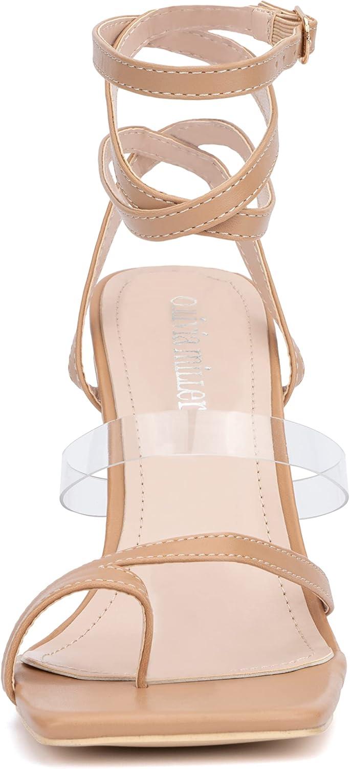 imageOlivia Miller Womens Fashion Ladies Shoes PU Vegan Leather w Adjustable Ankle Lace Up Strap Trendy Party Strappy Open Square Toe Loop Stiletto Slide On 4 Inch High Mid Heel SandalsBeige Nude