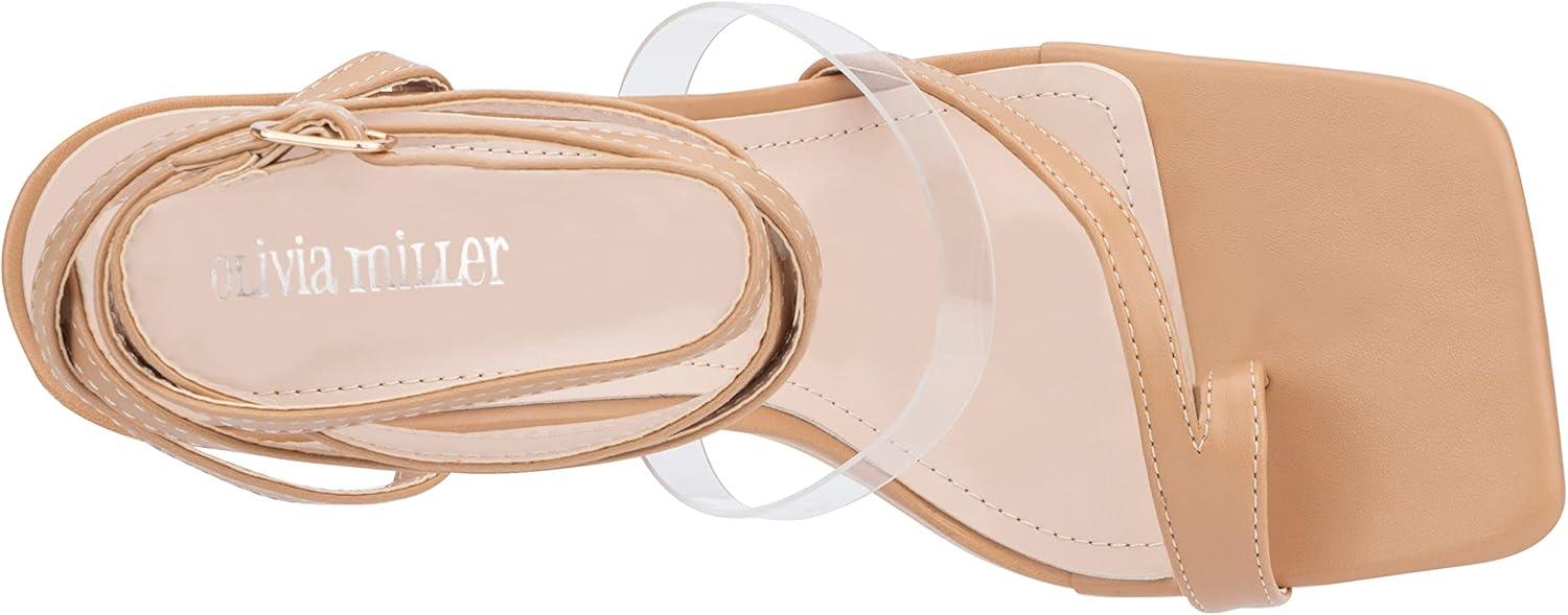imageOlivia Miller Womens Fashion Ladies Shoes PU Vegan Leather w Adjustable Ankle Lace Up Strap Trendy Party Strappy Open Square Toe Loop Stiletto Slide On 4 Inch High Mid Heel SandalsBeige Nude