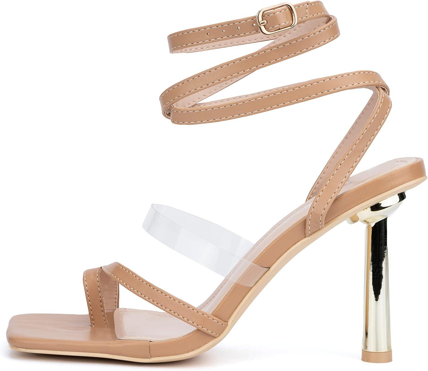 imageOlivia Miller Womens Fashion Ladies Shoes PU Vegan Leather w Adjustable Ankle Lace Up Strap Trendy Party Strappy Open Square Toe Loop Stiletto Slide On 4 Inch High Mid Heel SandalsBeige Nude