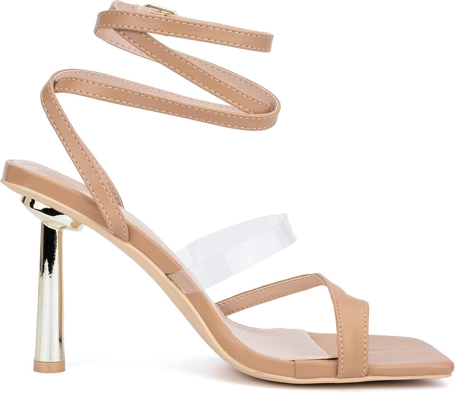 imageOlivia Miller Womens Fashion Ladies Shoes PU Vegan Leather w Adjustable Ankle Lace Up Strap Trendy Party Strappy Open Square Toe Loop Stiletto Slide On 4 Inch High Mid Heel SandalsBeige Nude