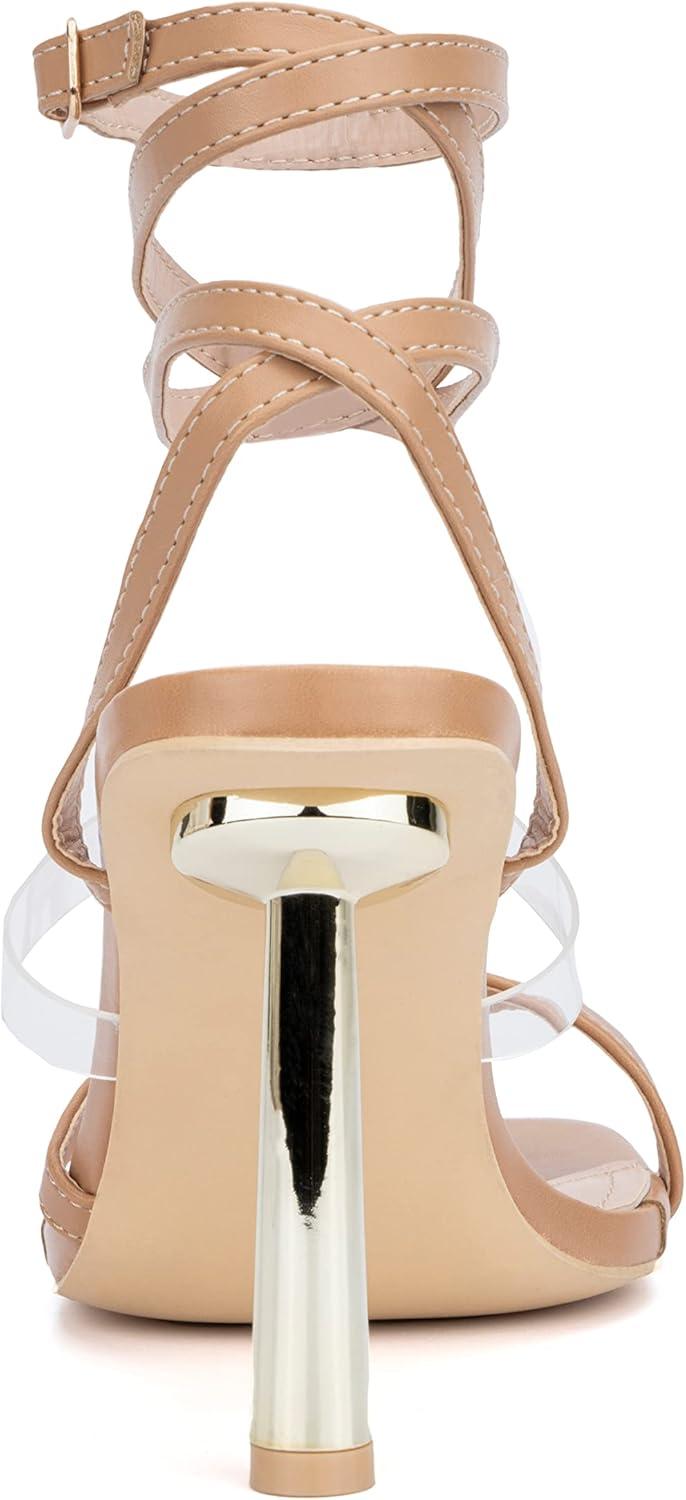 imageOlivia Miller Womens Fashion Ladies Shoes PU Vegan Leather w Adjustable Ankle Lace Up Strap Trendy Party Strappy Open Square Toe Loop Stiletto Slide On 4 Inch High Mid Heel SandalsBeige Nude
