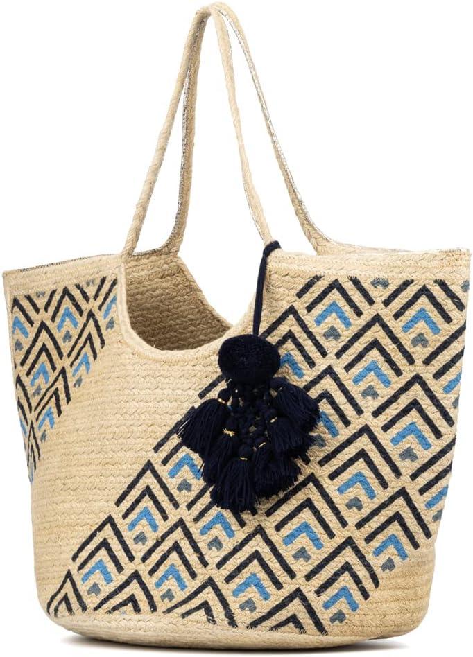 imageOlivia Miller Womens Fashion Natural Straw Jute Tote Bag w Top Handles Medium Boho Casual Purse HandbagNatural W Geometric Print