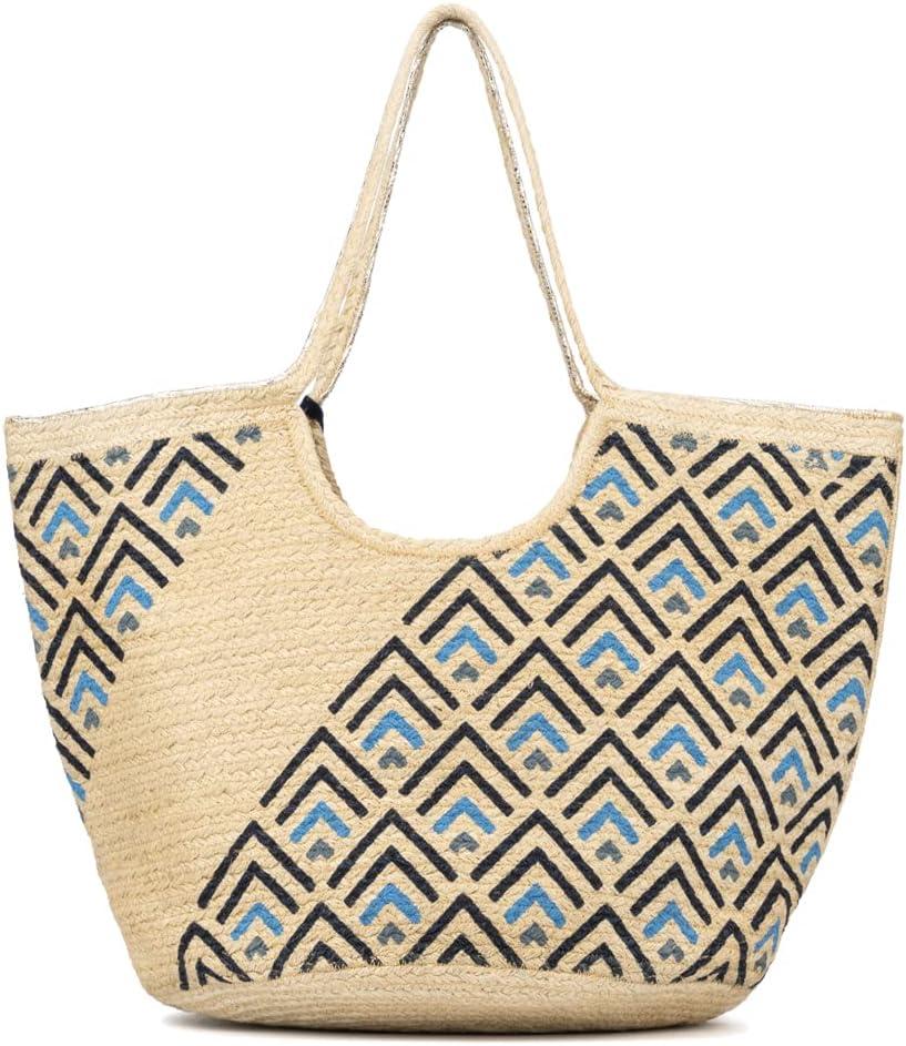 imageOlivia Miller Womens Fashion Natural Straw Jute Tote Bag w Top Handles Medium Boho Casual Purse HandbagNatural W Geometric Print