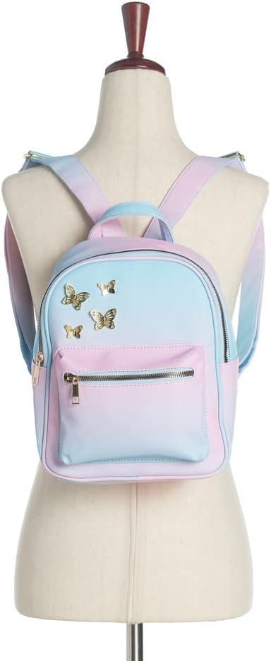 imageOlivia Miller Womens Fashion Rumi Rainbow Multicolor Faux PU Leather w Gold Butterflies Small Backpack Casual Shoulder Bag Ladies Daypack Travel w Zipper