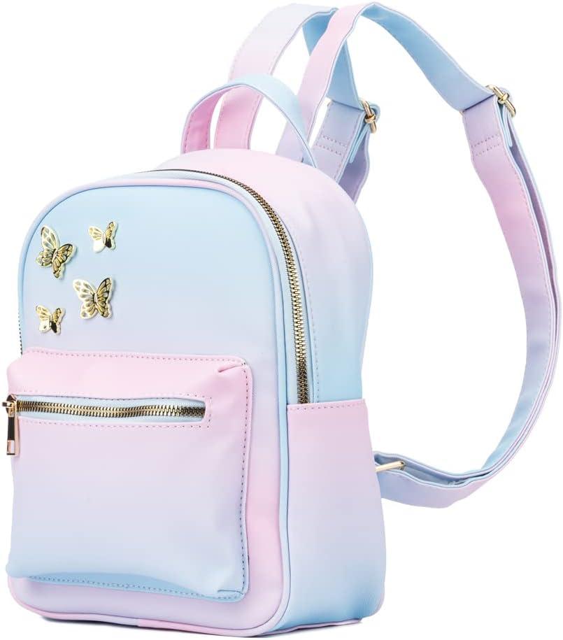 imageOlivia Miller Womens Fashion Rumi Rainbow Multicolor Faux PU Leather w Gold Butterflies Small Backpack Casual Shoulder Bag Ladies Daypack Travel w Zipper