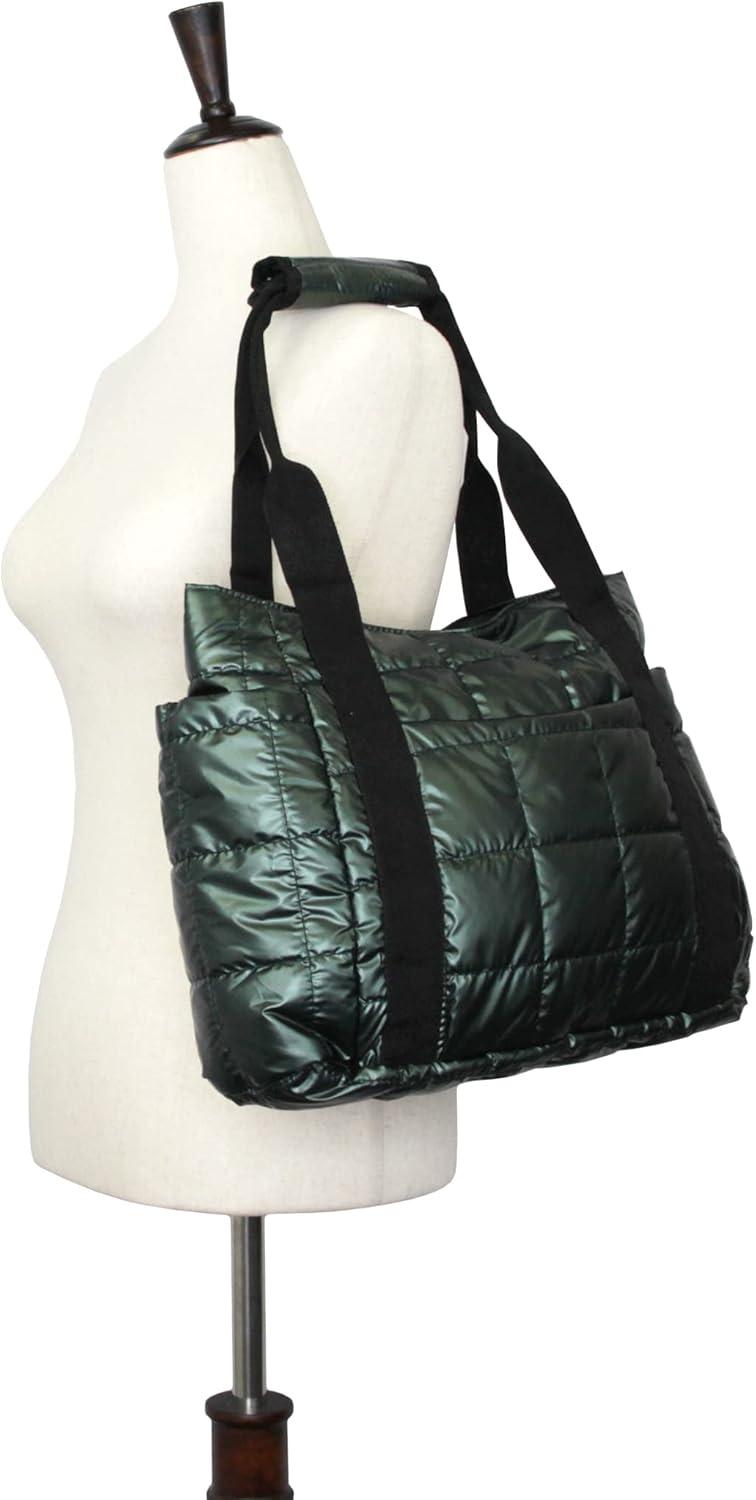 imageOlivia Miller Womens Fashion Sutton Quilted Padded Tote Bag Medium Weekender Casual Purse HandbagGreen