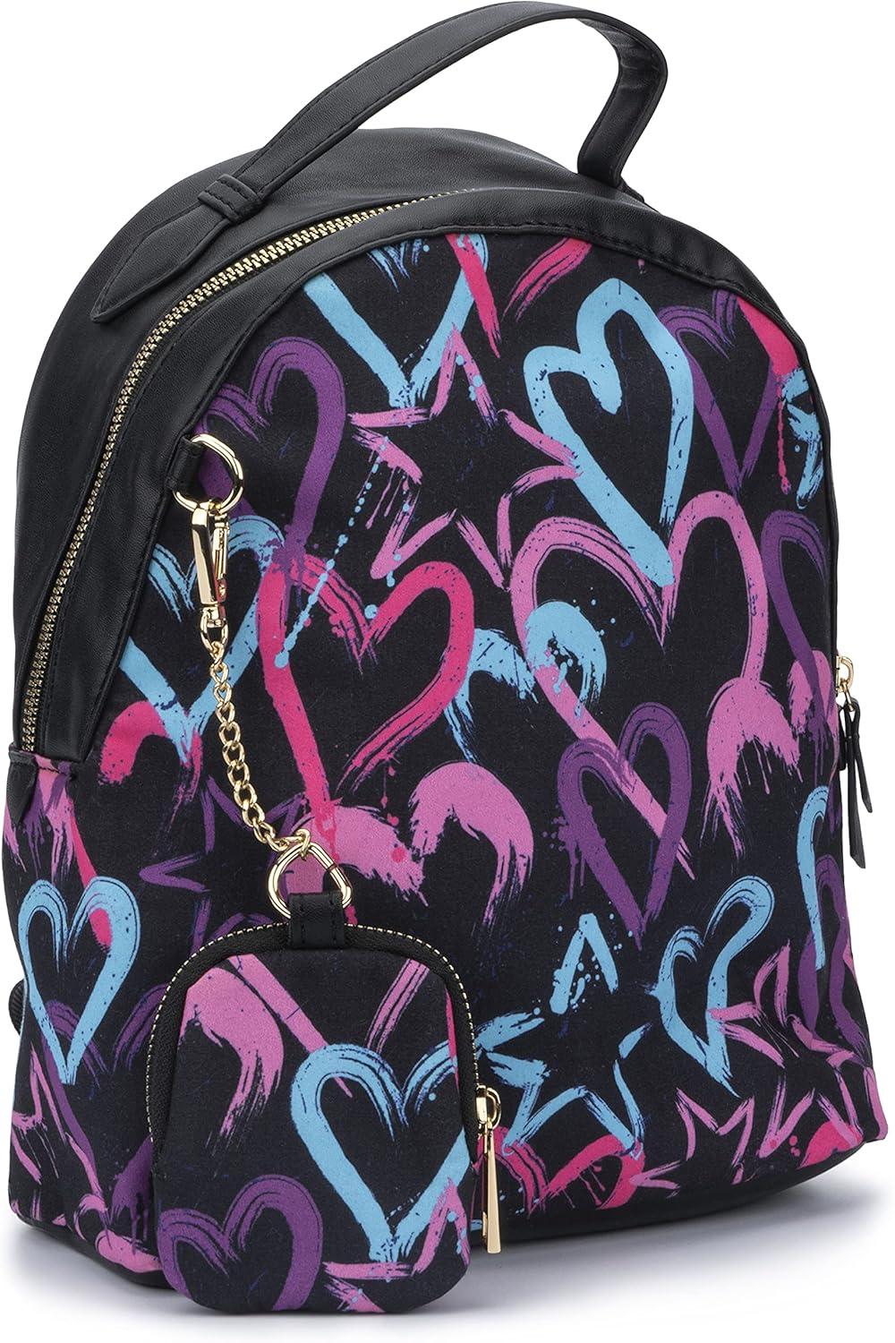 imageOlivia Miller Womens Lightweight Mini Casual Adjustable Black Backpack w Coin Pouch n Cute Printed Hearts Ladies Shoulder Bag Daypack Travel w Zipper