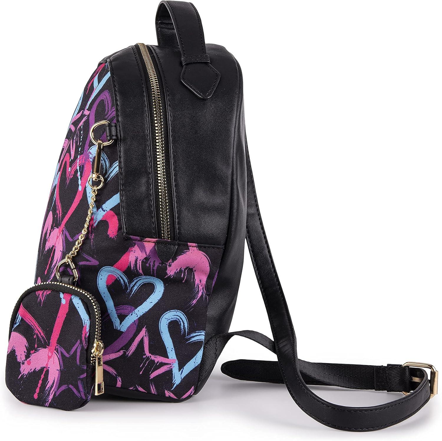 imageOlivia Miller Womens Lightweight Mini Casual Adjustable Black Backpack w Coin Pouch n Cute Printed Hearts Ladies Shoulder Bag Daypack Travel w Zipper