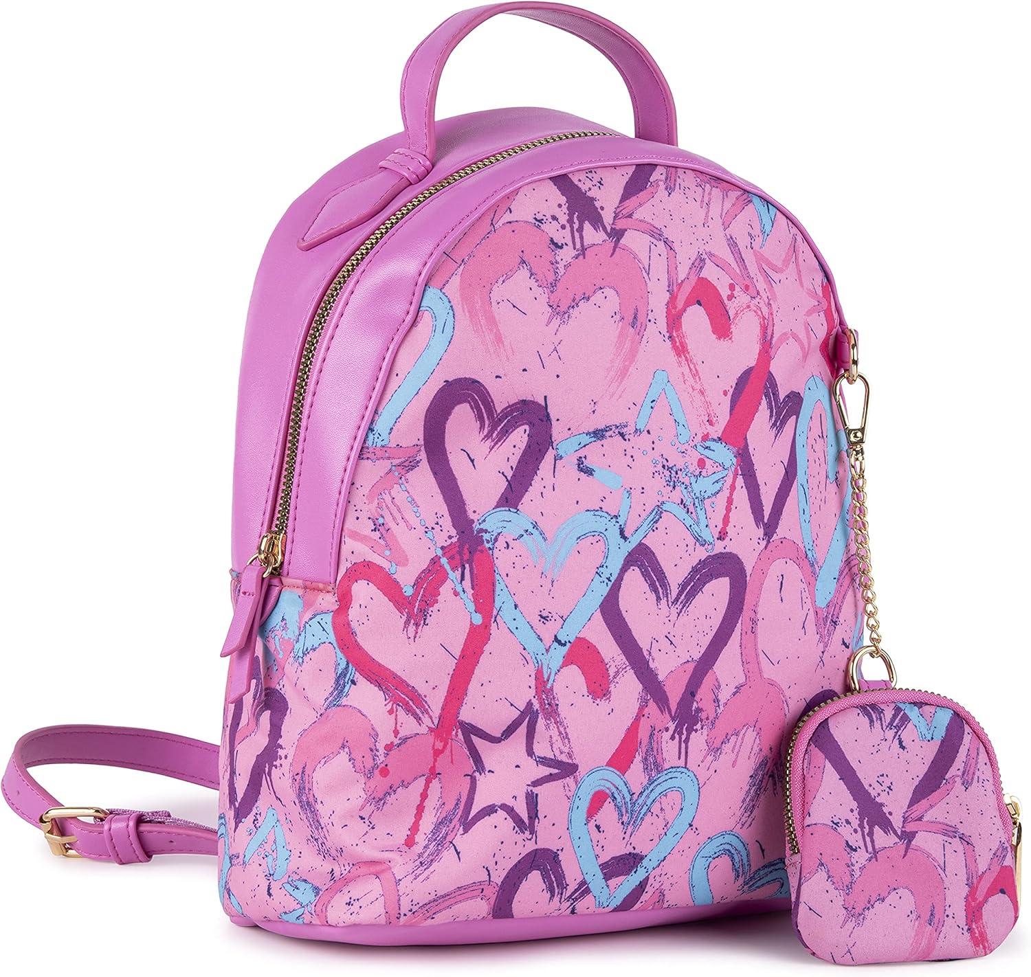 imageOlivia Miller Womens Lightweight Mini Casual Adjustable Pink Backpack w Coin Pouch n Cute Printed Hearts Ladies Shoulder Bag Daypack Travel w Zipper