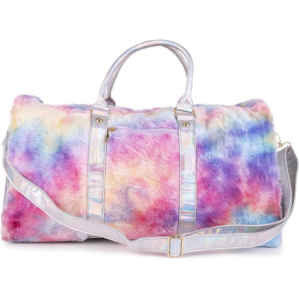 imageOlivia Miller Girls Duffel Bag Faux Fur ampamp Fabric Overnight Cute Silver Pink Tie Dye Multicolor Butterfly Shoulder Duffle Bag for Kids Travel CarryOn Weekender Getaway Weekend Tote for Teens Gym Teenage Sport Gift