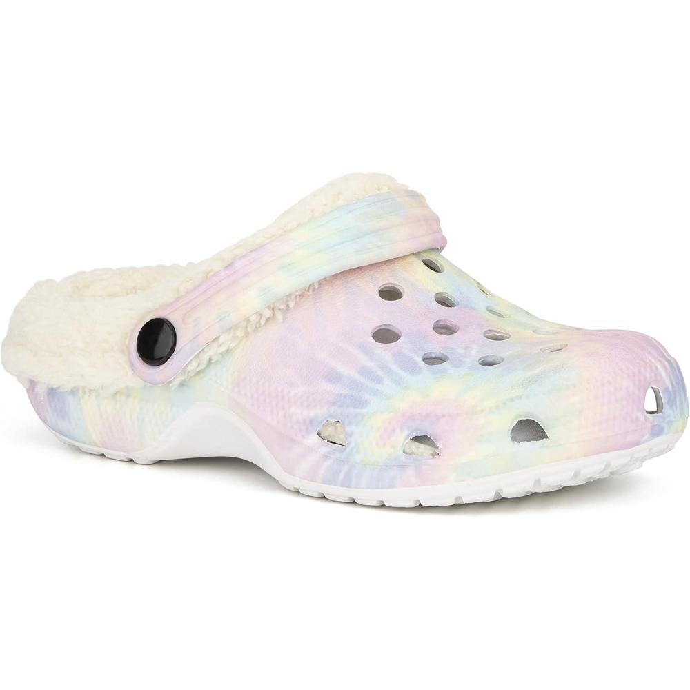 imageOlivia Miller Kids Girl Fashion Shoes White Pastel Tie Dye EVA Quilted Faux Fur SlipOn Back Strap Clogs Slippers Slide SandalsWhitePastel Rainbow