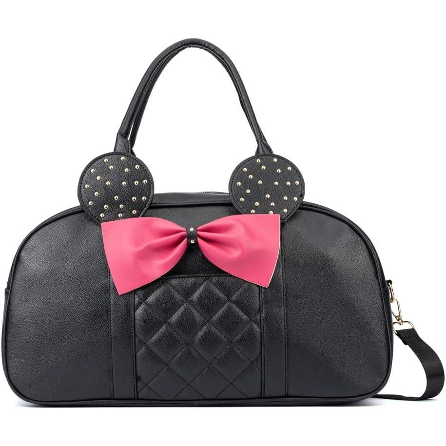 imageOlivia Miller Womens Duffel Bag Kuma Black Hot Pink Bow w Faux PU Leather Mouse Ears Shoulder Duffle Bag for Ladies Travel CarryOn Weekender Getaway Weekend Tote for Woman Teens Gym Teenage Sport Gift