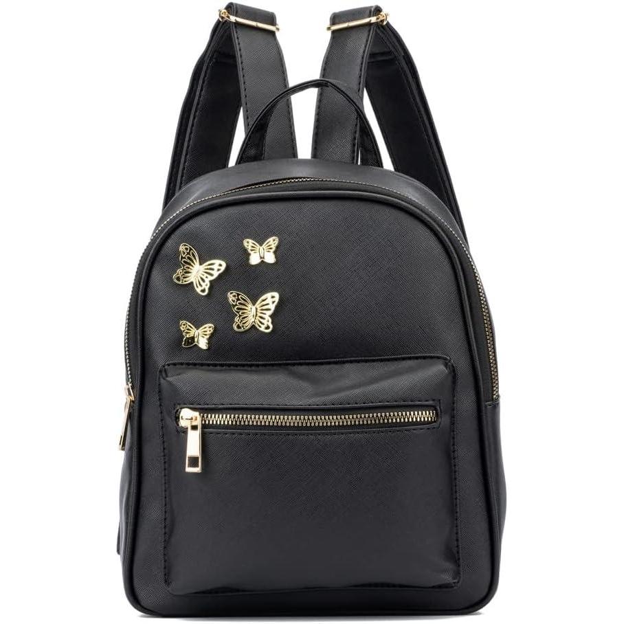 imageOlivia Miller Womens Fashion Rumi Black Faux PU Leather w Gold Butterflies Small Backpack Casual Shoulder Bag Ladies Daypack Travel w Zipper