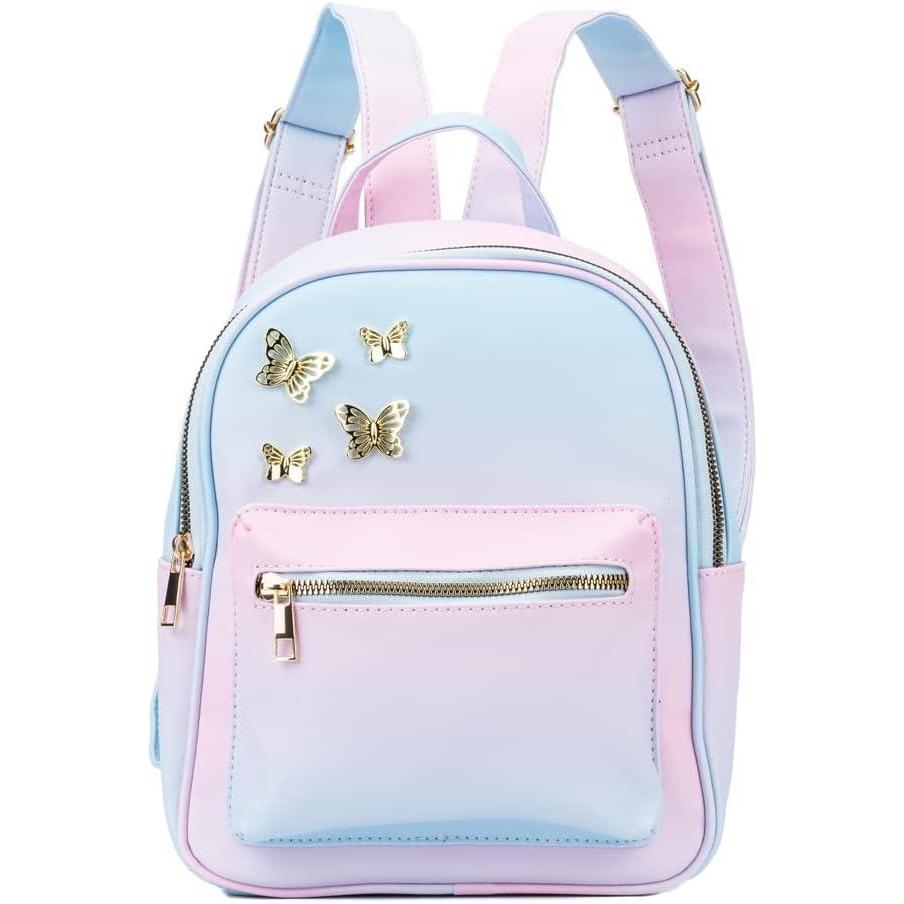 imageOlivia Miller Womens Fashion Rumi Rainbow Multicolor Faux PU Leather w Gold Butterflies Small Backpack Casual Shoulder Bag Ladies Daypack Travel w Zipper