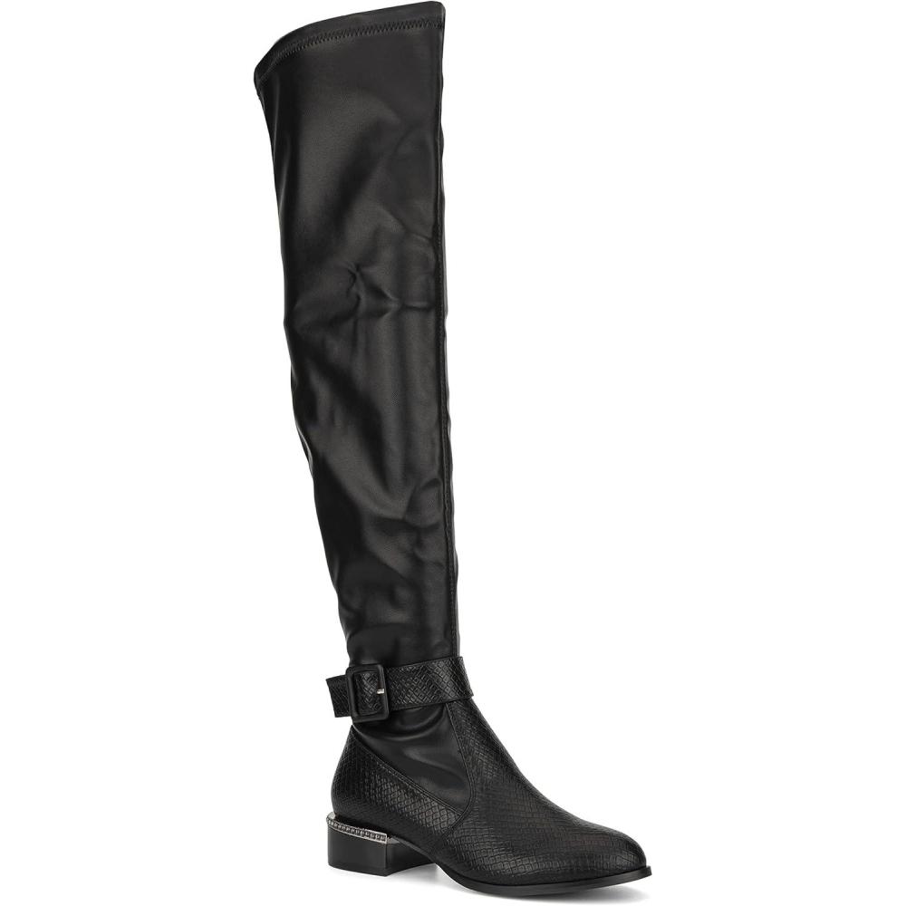 imageOlivia Miller Womens Fashion Shoes Black Faux PU Leather Side Zipper Almond Toe Low Block Heel Thigh High Casual Trendy Over the Knee BootsBlack