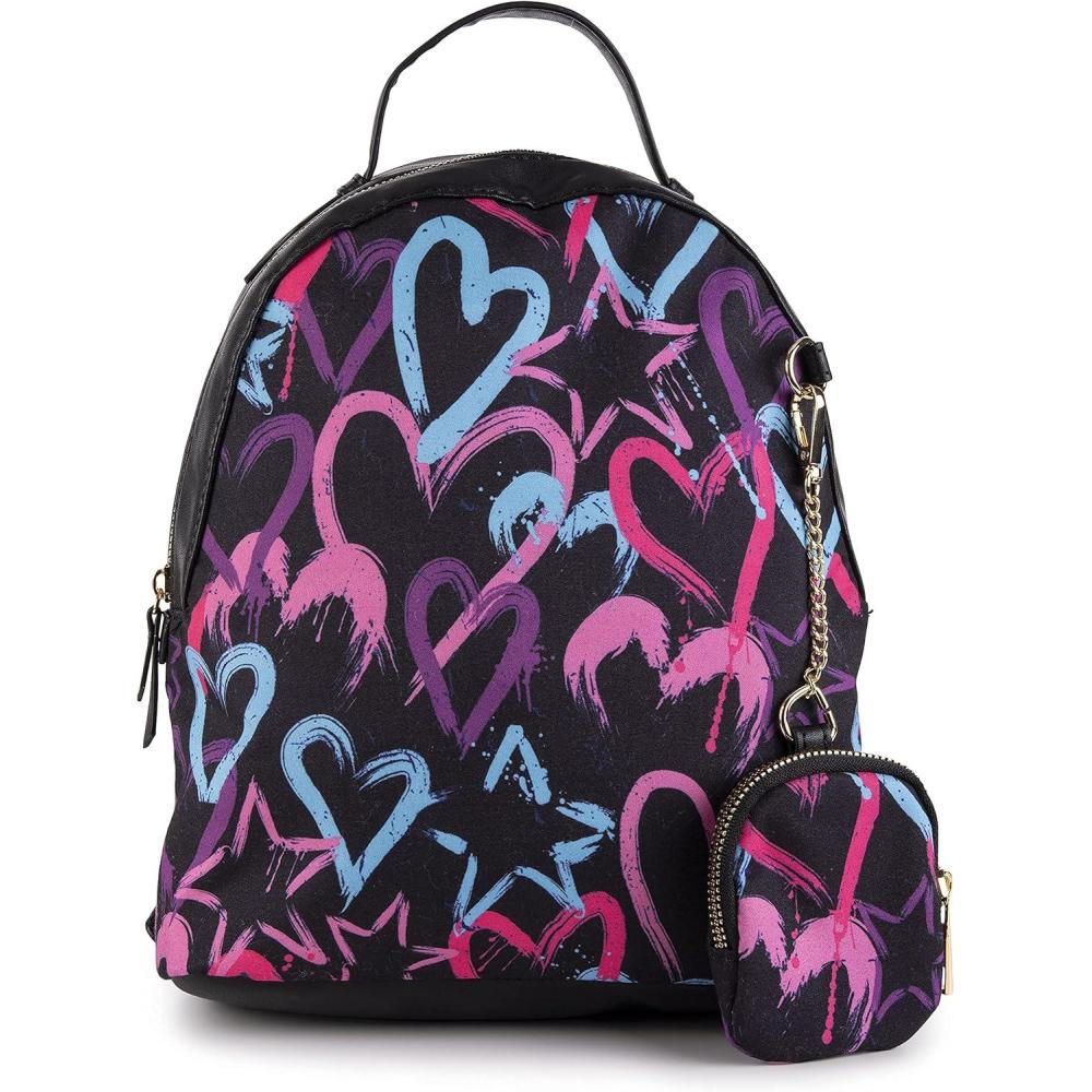 imageOlivia Miller Womens Lightweight Mini Casual Adjustable Black Backpack w Coin Pouch n Cute Printed Hearts Ladies Shoulder Bag Daypack Travel w Zipper