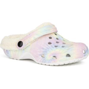 Olivia Miller Kid’s Girl Fashion Shoes, White Pastel Tie Dye EVA Quilted Faux Fur Slip-On Back Strap Clogs Slippers Slide Sandals(White/Pastel Rainbow)
