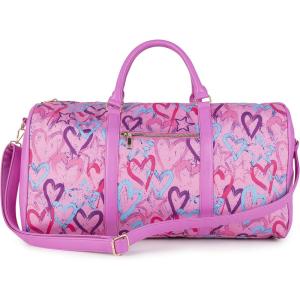 Olivia Miller Women’s Duffel Bag, PU Faux Leather & Fabric Overnight Cute Pink Hearts Shoulder Duffle Bag for Ladies, Travel Carry-On Weekender Getaway Weekend Tote Woman Gym Sport Gift