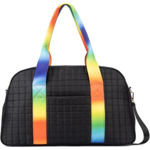 Olivia Miller Women’s Duffel Bag, Raisa Overnight Puffer Black w Rainbow Strap Shoulder Duffle Bag for Ladies, Travel Carry-On Weekender Getaway Weekend Tote for Woman Teens Gym Teenage Sport Gift