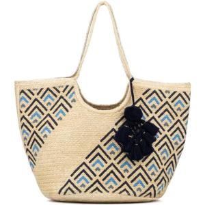 Olivia Miller Women’s Fashion Natural Straw Jute Tote Bag w Top Handles, Medium Boho Casual Purse Handbag(Natural W Geometric Print)
