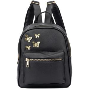 Olivia Miller Women’s Fashion, Rumi Black Faux PU Leather w Gold Butterflies Small Backpack, Casual Shoulder Bag Ladies Daypack Travel w Zipper