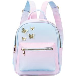 Olivia Miller Women’s Fashion, Rumi Rainbow Multicolor Faux PU Leather w Gold Butterflies Small Backpack, Casual Shoulder Bag Ladies Daypack Travel w Zipper