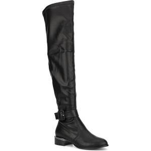 Olivia Miller Women’s Fashion Shoes, Black Faux PU Leather Side Zipper Almond Toe Low Block Heel Thigh High Casual Trendy Over the Knee Boots(Black)