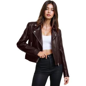 Olivia Miller Womens Faux Leather Zip Up Moto Biker Jacket(Jk5208-brown)
