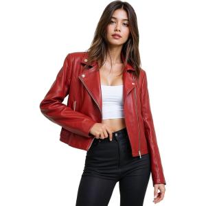 Olivia Miller Womens Faux Leather Zip Up Moto Biker Jacket(Jk5208-red)