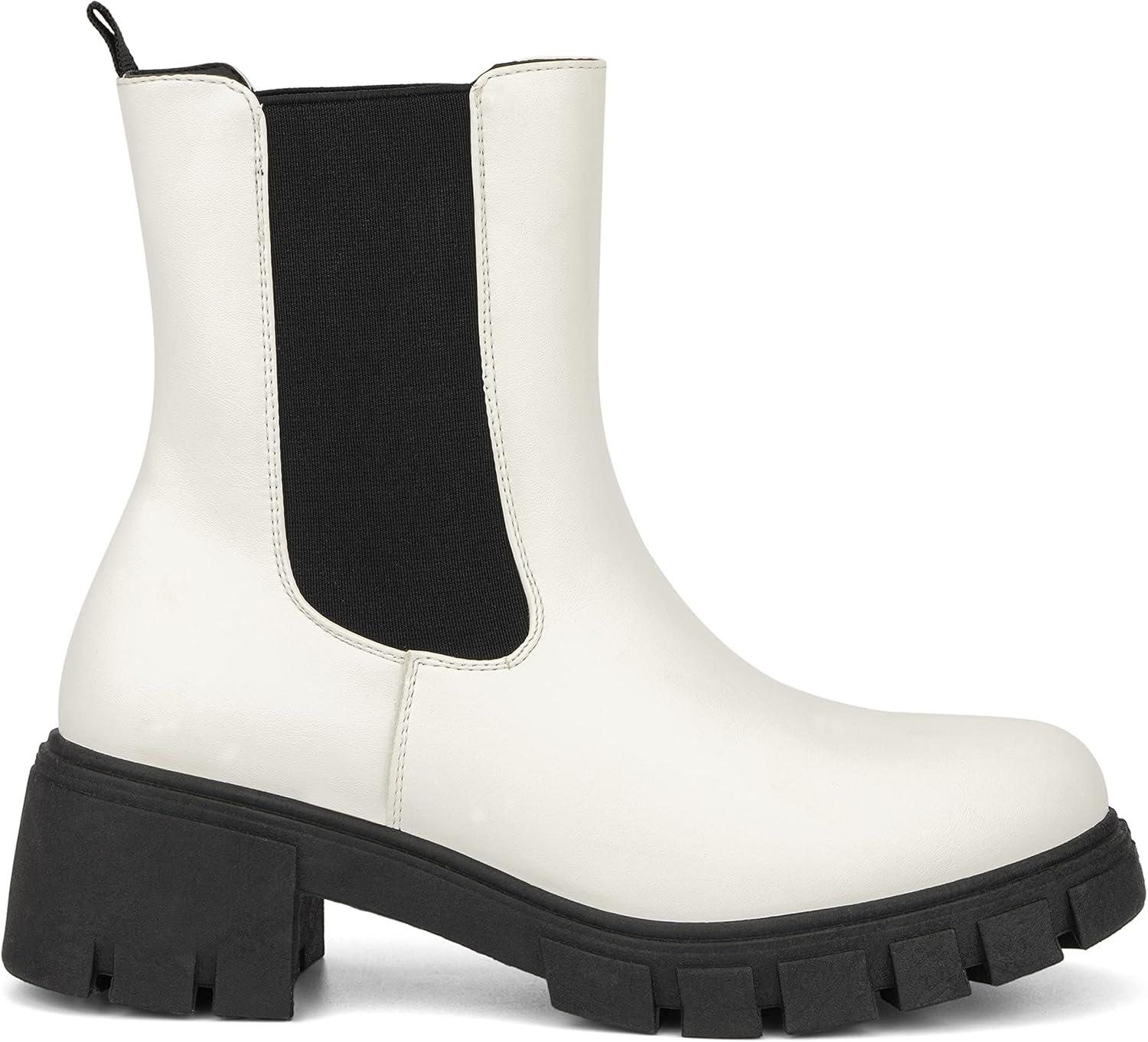 imageOlivia Miller Womens Fashion Shoes Faux PU Leather Elastic Double Gore Slip On Lug Sole Round Toe Chunky Heel Chelsea Mid Calf Ankle BootsWhiteBlack